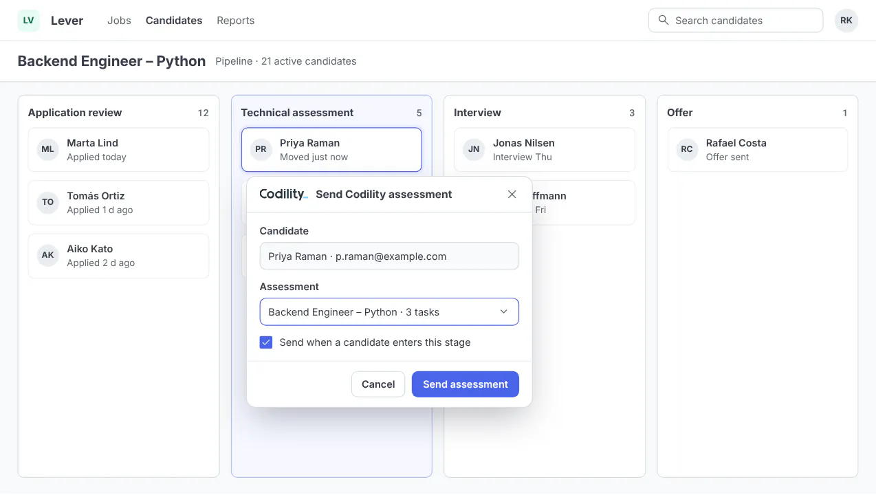 Lever pipeline for a backend engineer role with the Send Codility assessment dialog open, set to send when a candidate enters the technical assessment stage, sample data.