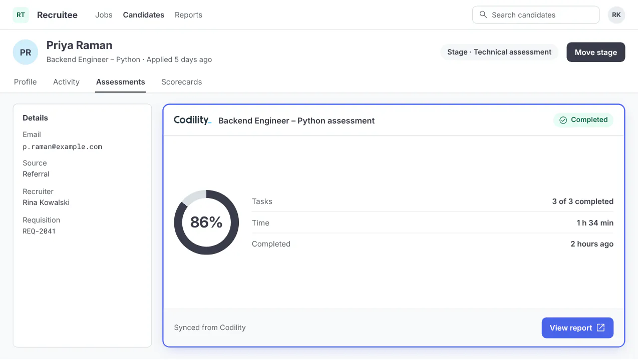 Recruitee candidate record showing a completed Codility assessment with the score, tasks completed, time taken and a link to the full report, sample data.
