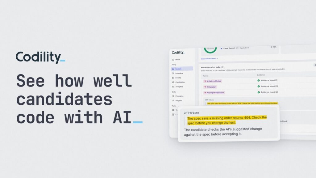 A Codility report with the AI collaboration skills section open, and an evidence card quoting the candidate's own prompt: The spec says a missing order returns 404. Check the spec before you change the test.