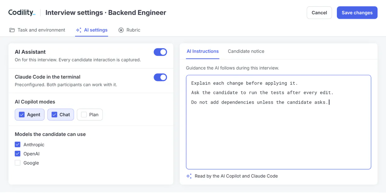 Codility Interview settings showing the AI Assistant enabled for the interview and an AI Instructions field with sample guidance.