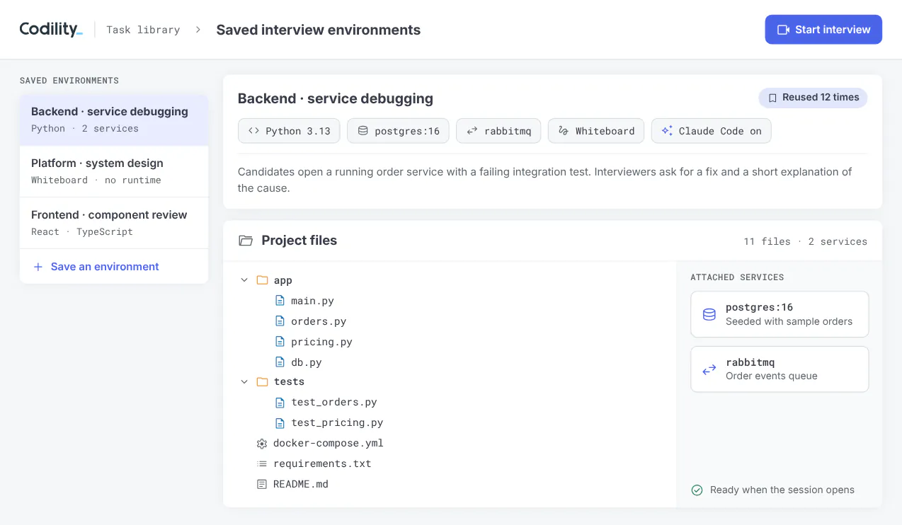 Codility task library showing a saved multi-file interview project, its file tree and attached database and queue services, sample data.