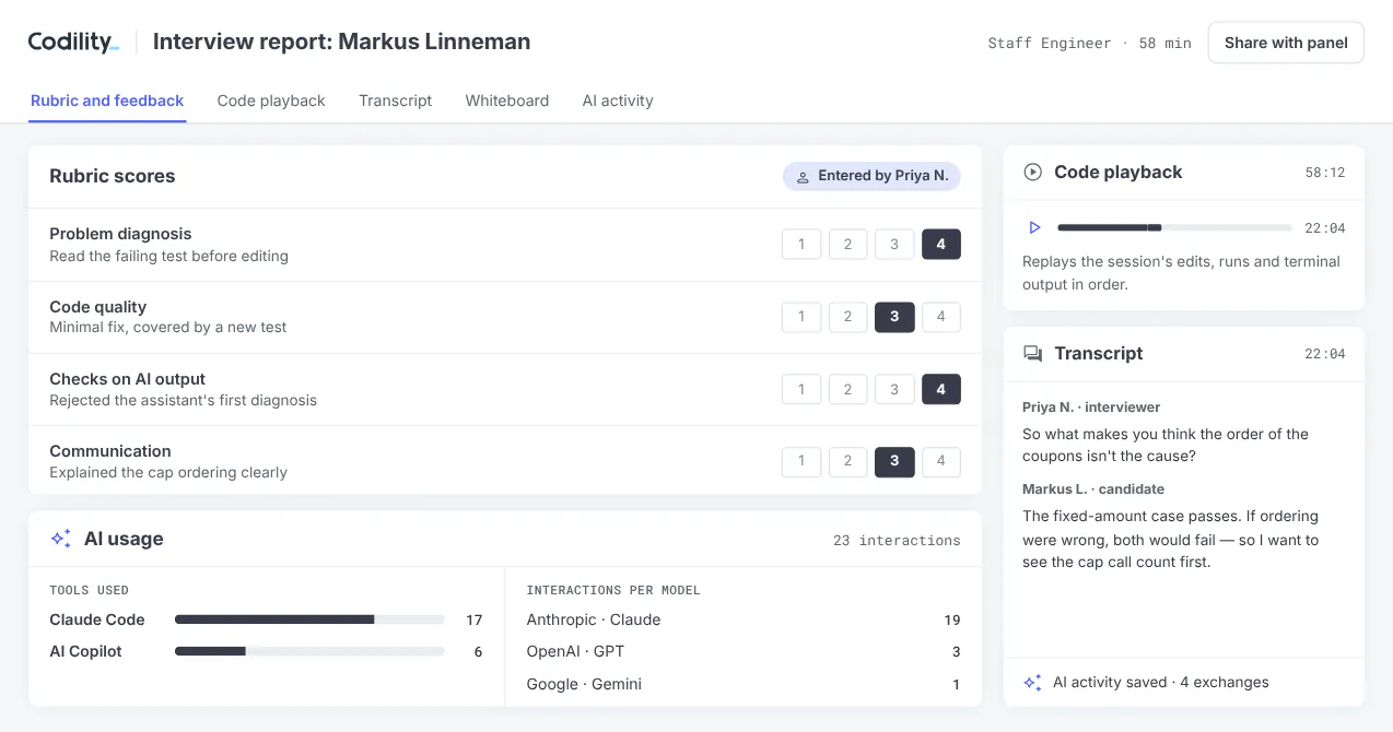 Codility Interview report showing rubric scores, the AI usage panel with tools and interactions per model, code playback and the transcript, sample data.