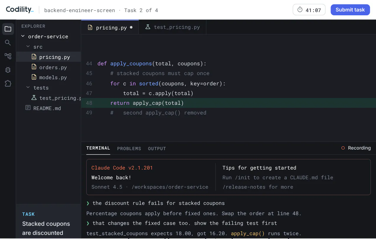 Candidate coding environment showing a multi-file project open in VS Code with a terminal panel running Claude Code, sample data.