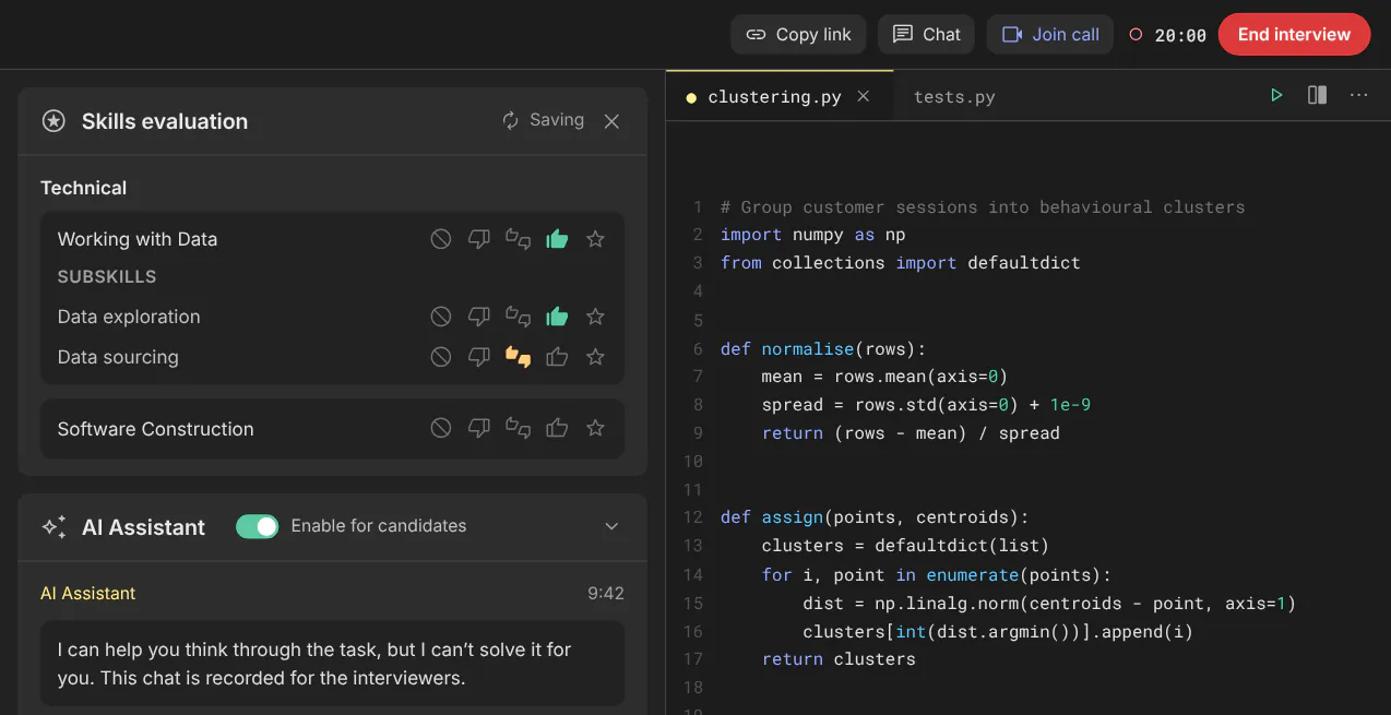 Codility Interview session with the interviewer's skills evaluation rubric, the AI Assistant chat and the shared code editor, sample data.
