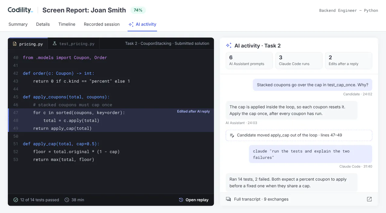 Assessment report showing the candidate's submitted code on the left and the saved AI Assistant and Claude Code conversation on the right, sample data.