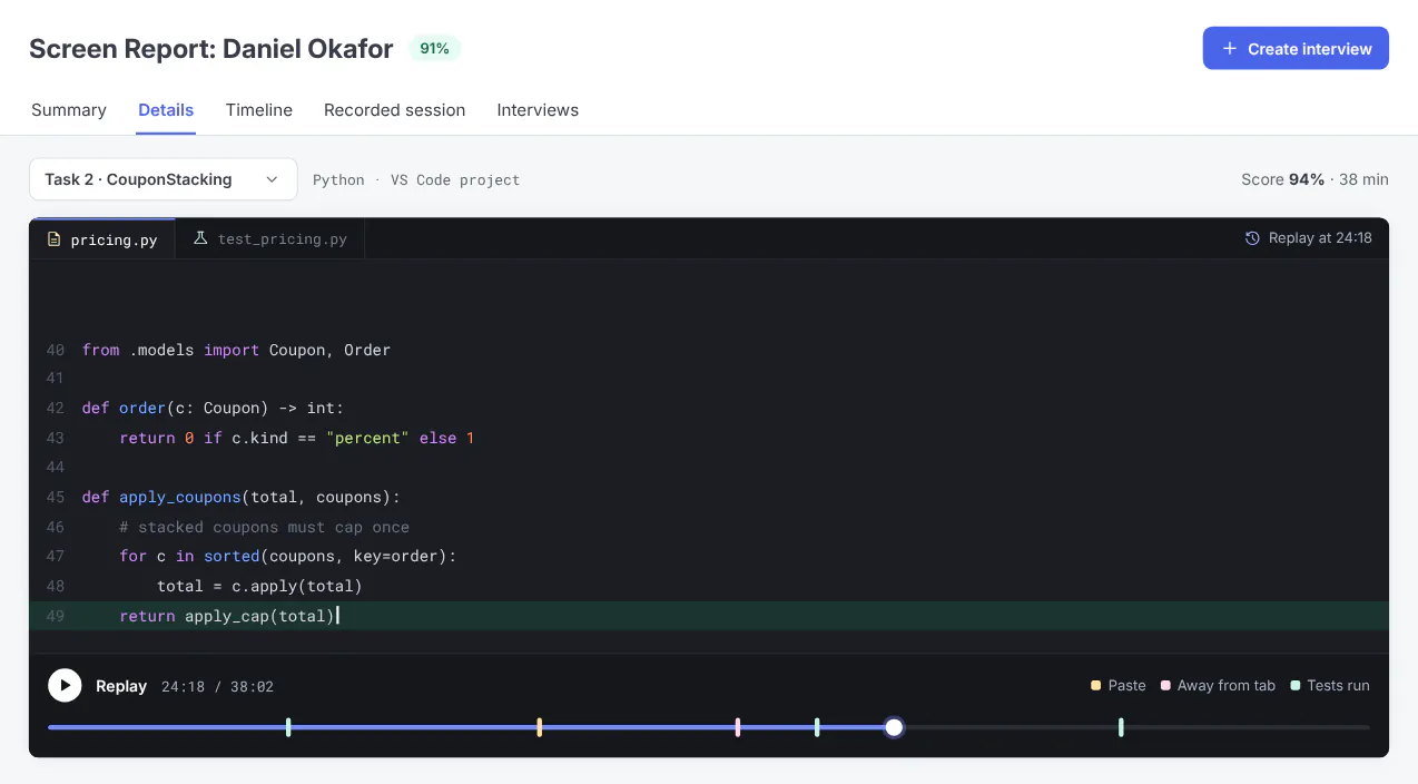 Code replay timeline for one task, with markers for paste events, time away from the tab and test runs, sample data.