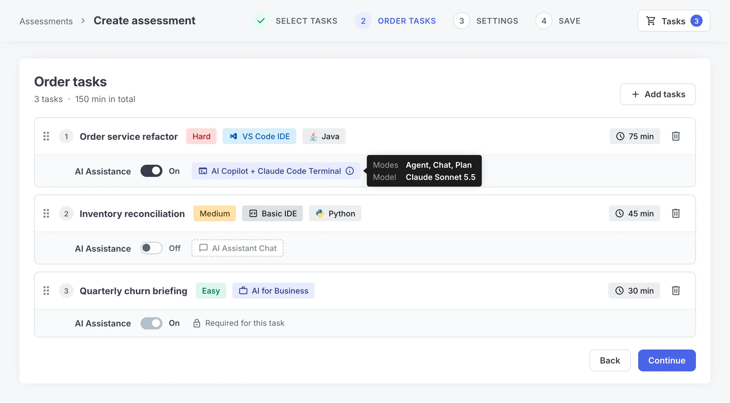 A Codility Screen assessment being set up, with a separate AI Assistance switch on each task card: on for a VS Code task tagged AI Copilot and Claude Code Terminal, off for a Basic IDE task, and locked on for an AI for Business task.