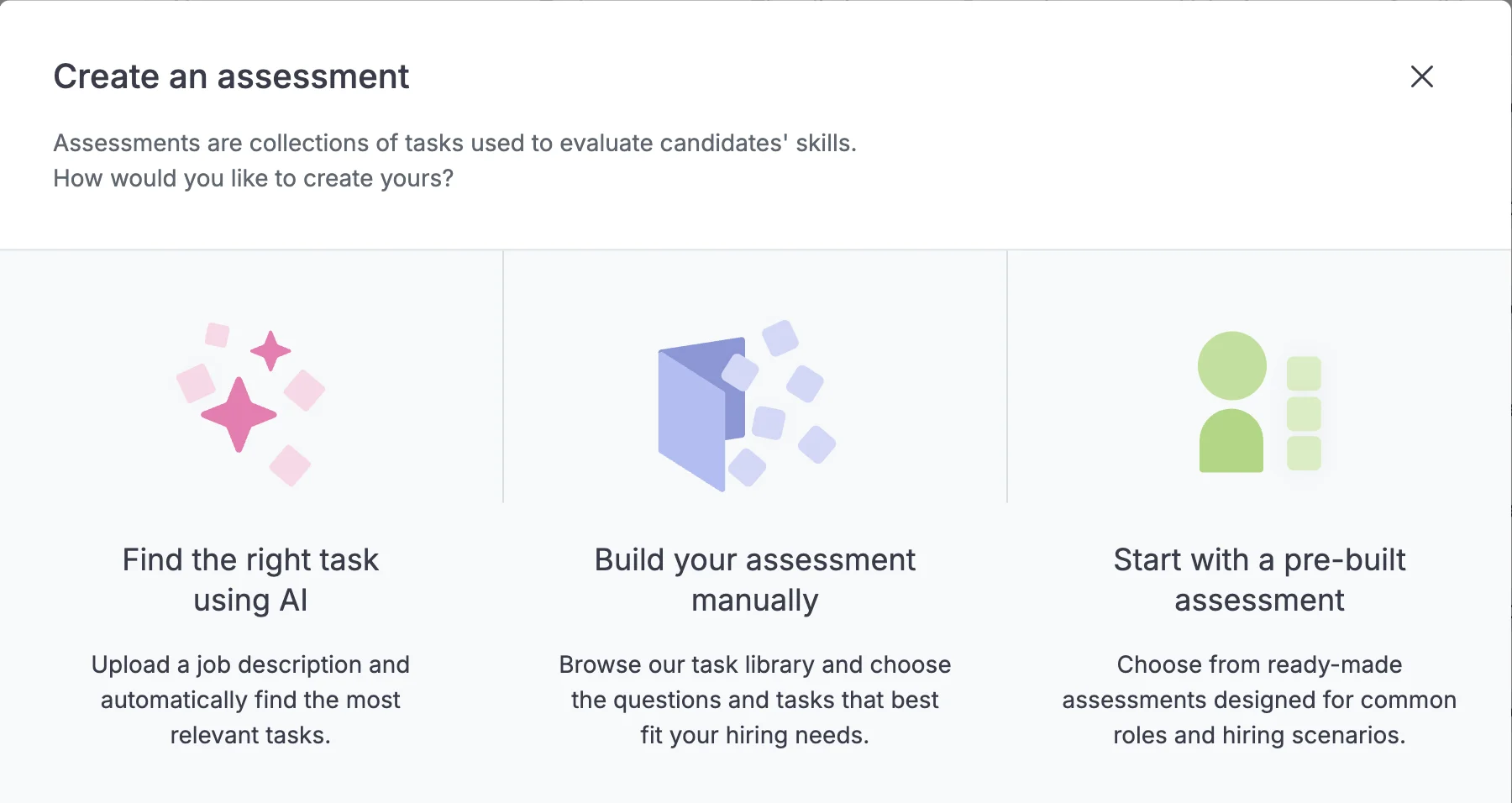 The Create an assessment dialog in Codility, with three options: Find the right task using AI, Build your assessment manually, and Start with a pre-built assessment.