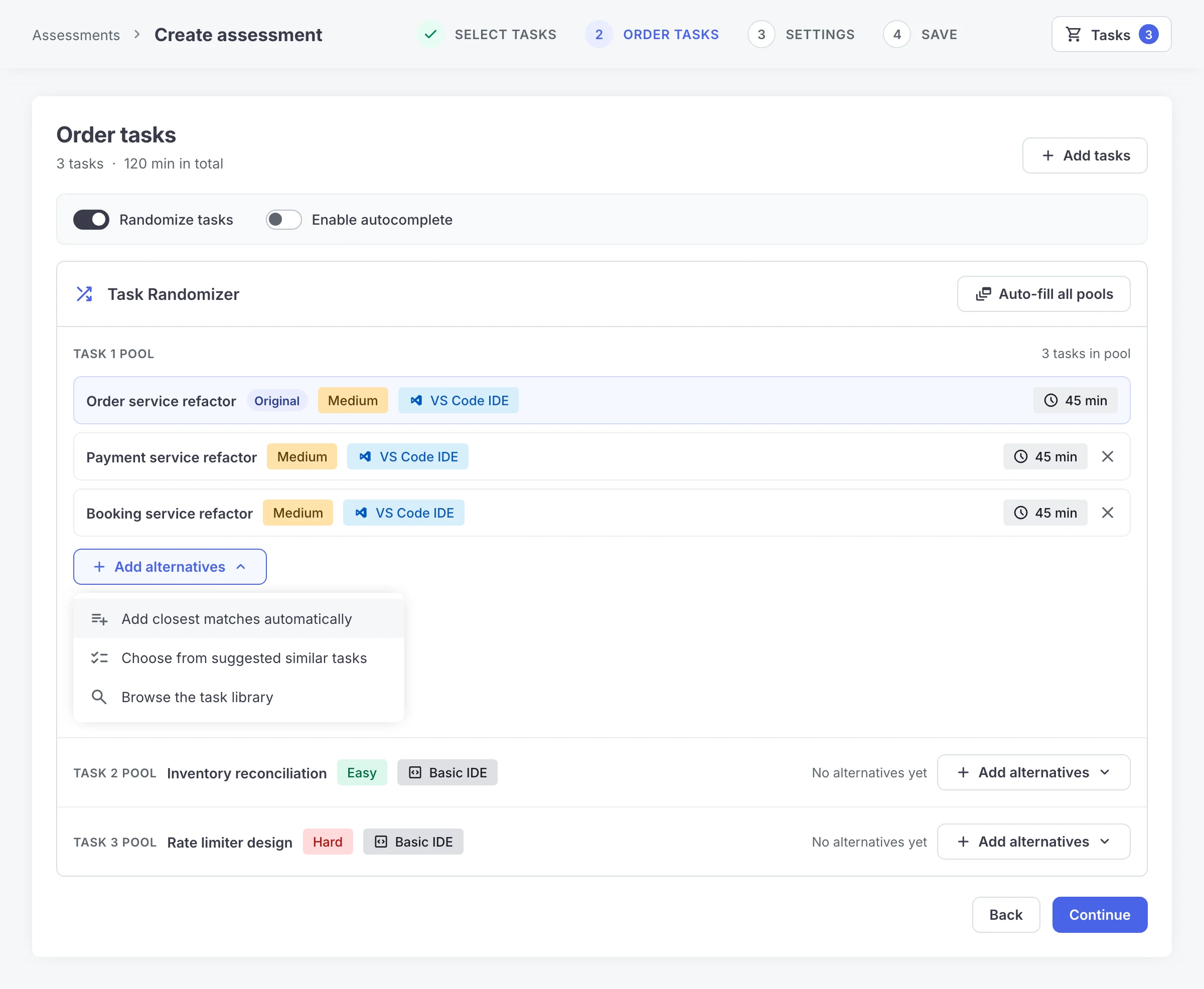 The Order Tasks step of Codility assessment creation with Randomize tasks switched on and the Task Randomizer open, showing the Add alternatives menu and an Auto-fill all pools button.